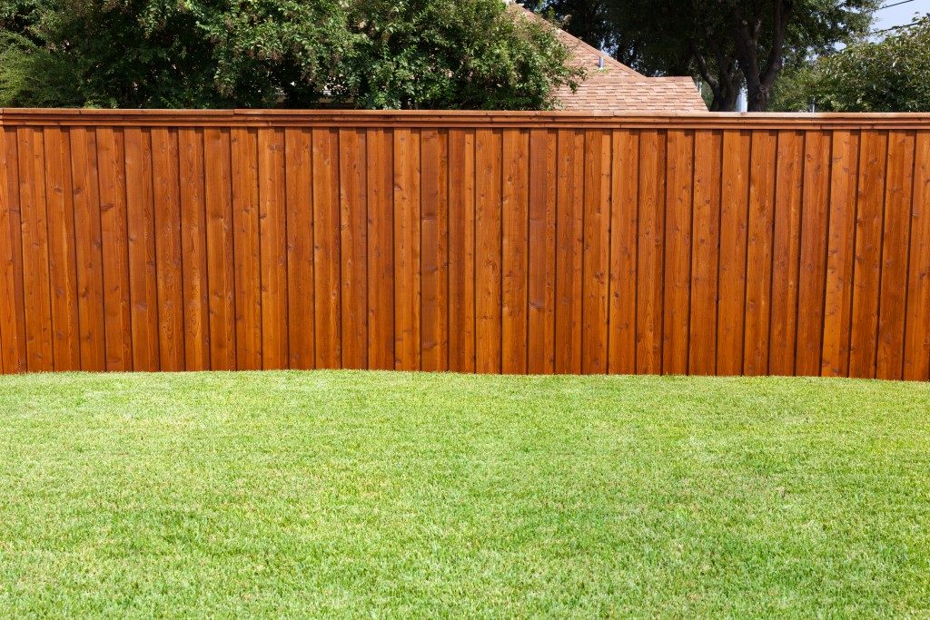 backyard with grass and wood fence